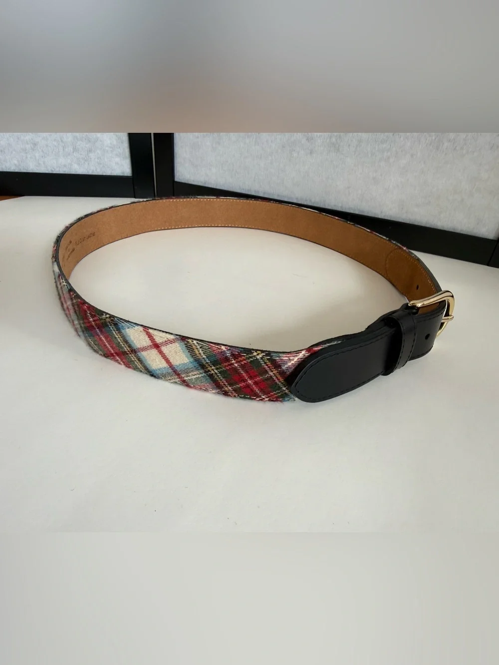 L.L.Bean Stewart Tartan Plaid with Black Leather Club Belt Medium USA Made
